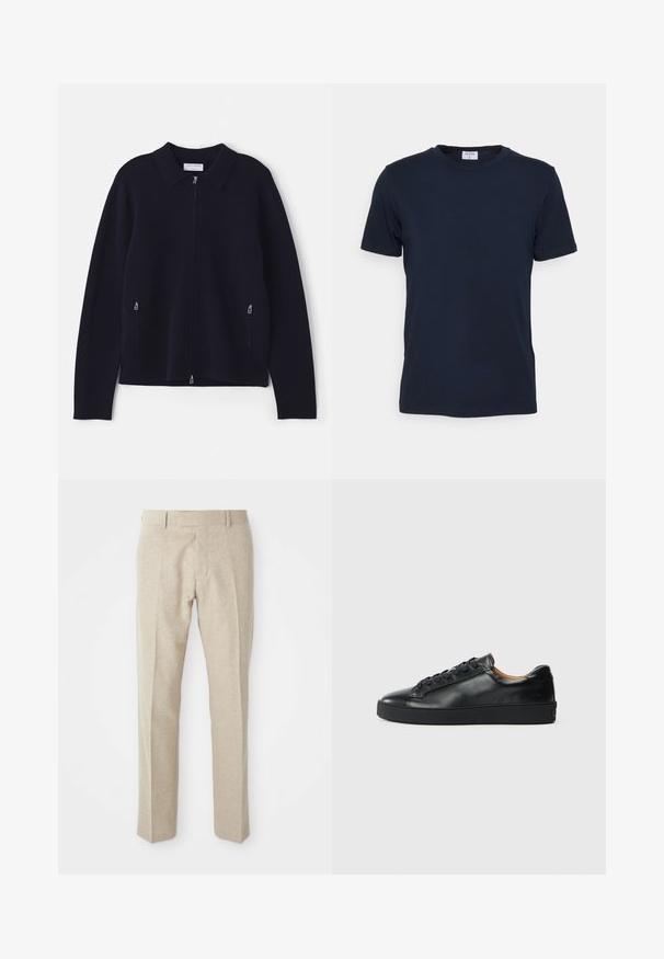 Marineblå striktrøje med krave, fuld lynlås og sidelommer med lynlås. Blød tekstur og afslappet pasform med lange ærmer.; Marineblå crew-neck t-shirt lavet af blødt stof. Korte ærmer med en klassisk pasform, der har et mærke ved halsen. Glat tekstur, minimalistisk design.; Beige skræddersyede bukser lavet af tekstureret stof, med flad front, lige ben og en traditionel talje med bæltesløjfer.; Sorte lædersneakers med en glat overflade, rund tå og snørebåndslukning. Har en tyk gummisål og minimal branddetalje.