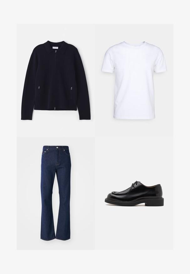 Jersey de punto azul marino con cuello, cremallera completa y bolsillos laterales con cremallera. Textura suave y corte relajado con mangas largas.; Camiseta blanca de manga corta en tejido de algodón con cuello redondo. Diseño simple sin patrones ni acentos. Textura suave.; Jeans acampanados de color azul oscuro fabricados en denim. Presentan cinco bolsillos, un cierre frontal con cremallera y un botón metálico. Acentos de costura clásica.; Zapato de cuero negro con punta redondeada, detalles de costura, cordones mínimos y suela de goma gruesa para tracción y durabilidad.