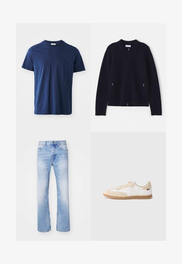 Pull en maille bleu marine avec col, fermeture éclair sur toute la longueur et poches latérales zippées. Texture douce et coupe décontractée avec des manches longues.; T-shirt en coton bleu marine à manches courtes, avec un col rond et un discret logo sur le devant. Texture lisse avec une coupe classique.; Jean en denim bleu clair avec une coupe droite, comportant un style classique à cinq poches et un léger dégradé.; Baskets blanches avec accents en daim beige clair, détails perforés, lacets plats et semelle en caoutchouc naturel. Présentent un logo rayé sur le talon.
