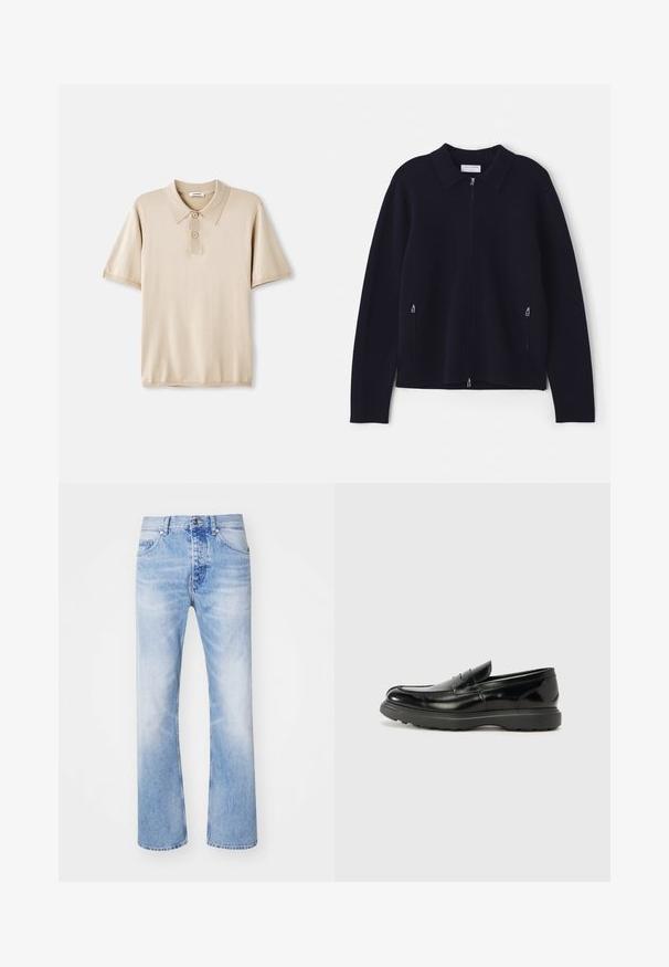 Pull en maille bleu marine avec col, fermeture éclair sur toute la longueur et poches latérales zippées. Texture douce et coupe décontractée avec des manches longues.; Polo beige avec col et patte de boutonnage à trois boutons. Manches courtes, texture douce et ourlet droit. Design minimaliste.; Jean en denim bleu clair avec une coupe droite, comportant un style classique à cinq poches et un léger dégradé.; Mocassin en cuir noir avec une finition brillante, bout arrondi, détails de couture subtils et semelle en caoutchouc épaisse pour la durabilité.