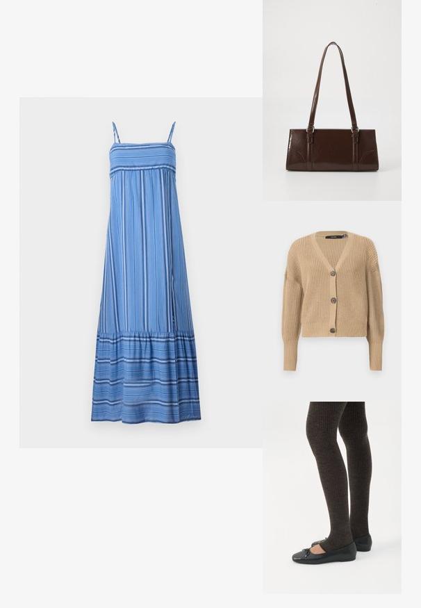 Béžový pletený kardigán s výstrihom do V, oversized rukávmi a piatimi gombíkmi na prednej strane. Má rebrované manžety a textúrovanú tkaninu.; Hollister Co. BABYDOLL MAXI - Maxi šaty - dark blue/white; Nohy v tmavých pásikavých legínach v kombinácii s čiernymi balerínkami s malými mašličkami na bielom pozadí.; Hnedá lakovaná kožená kabelka s obdĺžnikovým tvarom, dvoma dlhými rúčkami a jemne zakrivenými akcentami na prednej strane.