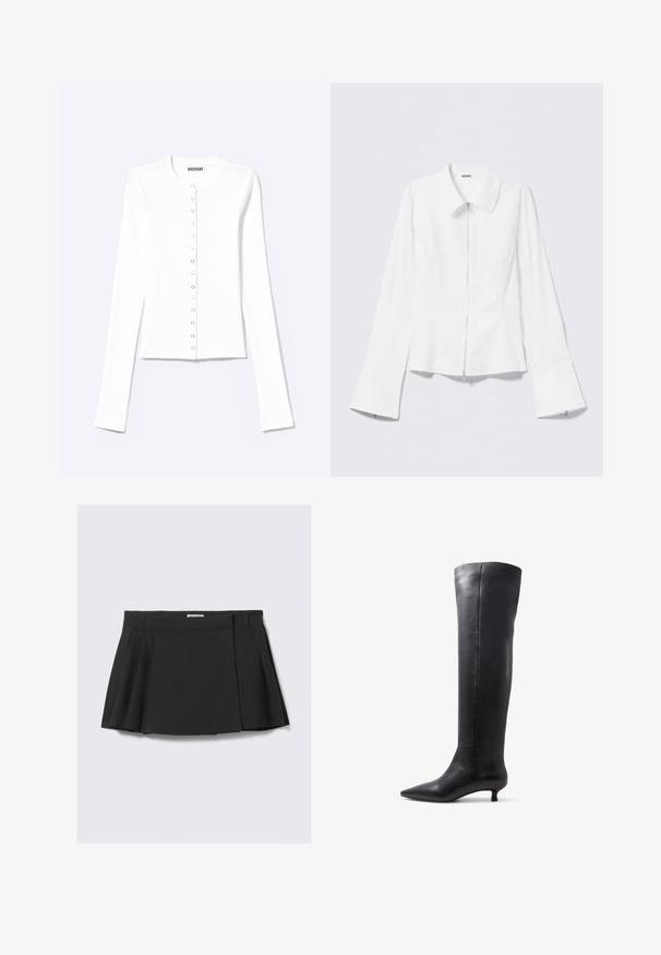 Witte getailleerde cardigan met lange mouwen, een ronde hals en sluiting aan de voorkant met drukknopen, gelabeld "Weekday".; Wit lang mouwen shirt met een kraag en een rits aan de voorkant. Heeft uitlopende manchetten en een gladde, katoenmengseltextuur.; Zwarte geplooide rok met een streeppatroon, gemaakt van een gestructureerde stof met een tailleband, ontworpen voor een figuuraccentuerende pasvorm.; Kniehoge zwarte leren laarzen met een spitse neus en een kleine hak, met een gladde textuur en een minimalistisch ontwerp.