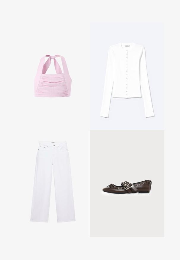 Cardigan blanc ajusté à manches longues avec encolure ronde et fermeture à pression sur le devant, étiqueté "Weekday".; Top court licou rose clair avec un nœud noué au niveau du cou et un détail en tissu plissé horizontal à l'avant.; Jean blanc taille haute à jambes larges avec fermeture à boutons et zip, poches avant et arrière, et détails en rivets argentés.; Chaussure plate en cuir marron foncé avec bout pointu, doubles brides à boucles argentées, œillets métalliques et nœud décoratif à l'avant.
