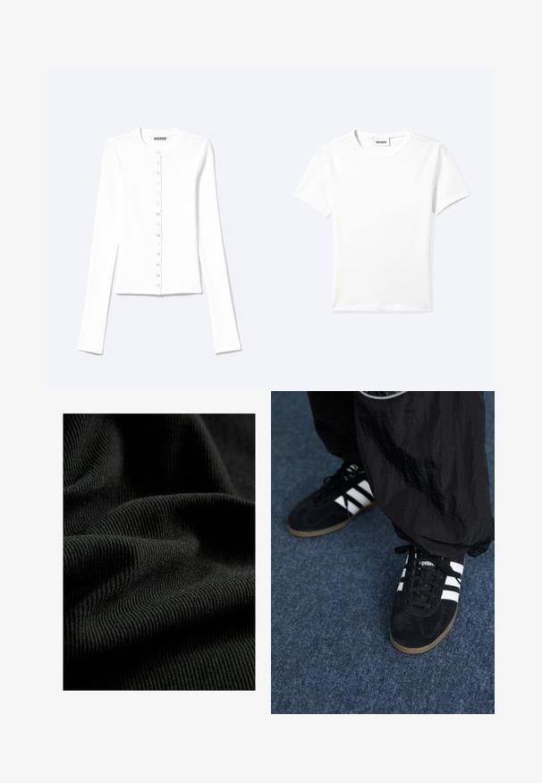 Hvid tætsiddende cardigan med lange ærmer, rund halsudskæring og lynlåslukning foran med trykknapper, mærket "Weekday".; Ensfarvet hvid t-shirt med korte ærmer og rund halsudskæring med en lille "WEEKDAY" label indeni halskanten, vist fladt på en lys baggrund.; Sorte ribbet stof med en struktureret overflade, der fremhæver subtile folder og kurver. Materialet ser let og fleksibelt ud.; Sorte suedetrainingssko med tre hvide striber og sorte snørebånd. Et tekstureret sort bukser er delvist synligt ved siden af skoene.