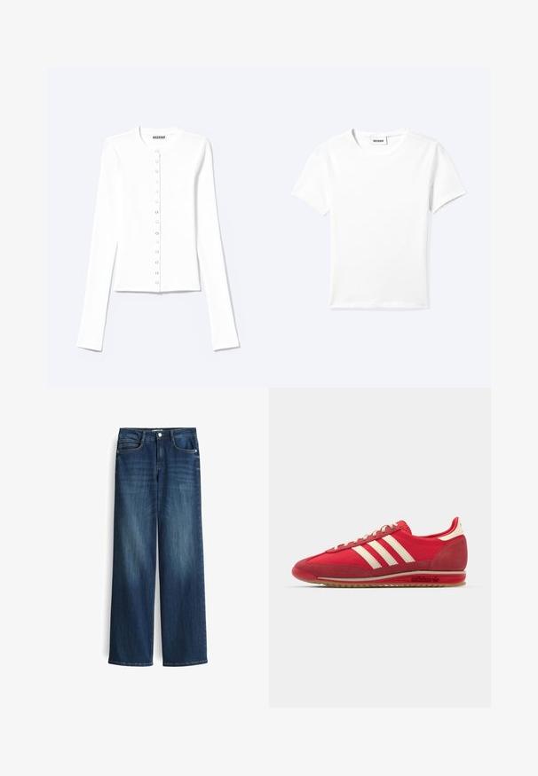 Witte getailleerde cardigan met lange mouwen, een ronde hals en sluiting aan de voorkant met drukknopen, gelabeld "Weekday".; Effen wit T-shirt met korte mouwen en ronde hals met een klein "WEEKDAY" label aan de binnenkant van de hals, plat neergelegd op een lichte achtergrond.; Wijduitlopende donkerblauwe denim jeans met een lichte vervaging, voorzien van vijf zakken en een metalen knoopsluiting bij de taille.; Rode sportieve sneaker met een gestructureerde bovenzijde, drie witte strepen, ronde neus en een rubberen zool met logo-details aan de zijkant.