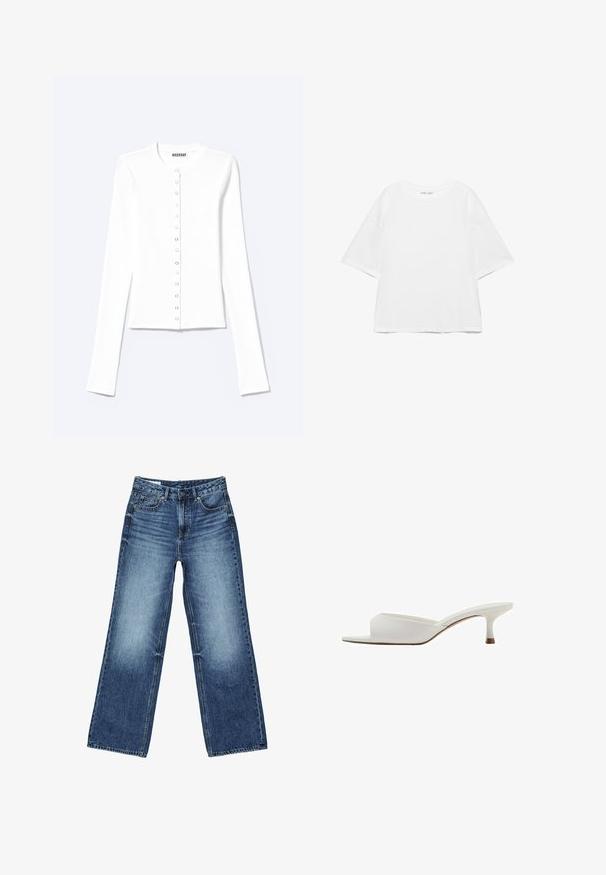 Cardigan blanc ajusté à manches longues avec encolure ronde et fermeture à pression sur le devant, étiqueté "Weekday".; T-shirt blanc oversize à manches courtes avec col rond, design uni, et coutures d'épaule tombantes sur fond blanc.; Jean en denim bleu avec un effet délavé sur les cuisses, coupe droite à jambes larges, fermeture avant avec bouton, fermeture éclair, et style cinq poches.; Mule ouverte blanche à bout ouvert avec un petit talon kitten bas et une tige en cuir lisse, montrée de profil sur un fond blanc.