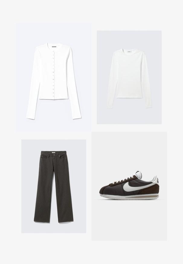 Cardigan blanc ajusté à manches longues avec encolure ronde et fermeture à pression sur le devant, étiqueté "Weekday".; T-shirt blanc uni à manches longues avec col rond et coupe slim, présenté sur un fond gris clair.; Pantalons larges en tissu gris foncé avec des rayures verticales. Comprend des poches avant et une fermeture à bouton à la taille.; Baskets Nike marron et gris avec accents blancs ; matériaux en cuir et en daim ; semelles texturées ; lacets gris ; design rétro classique.