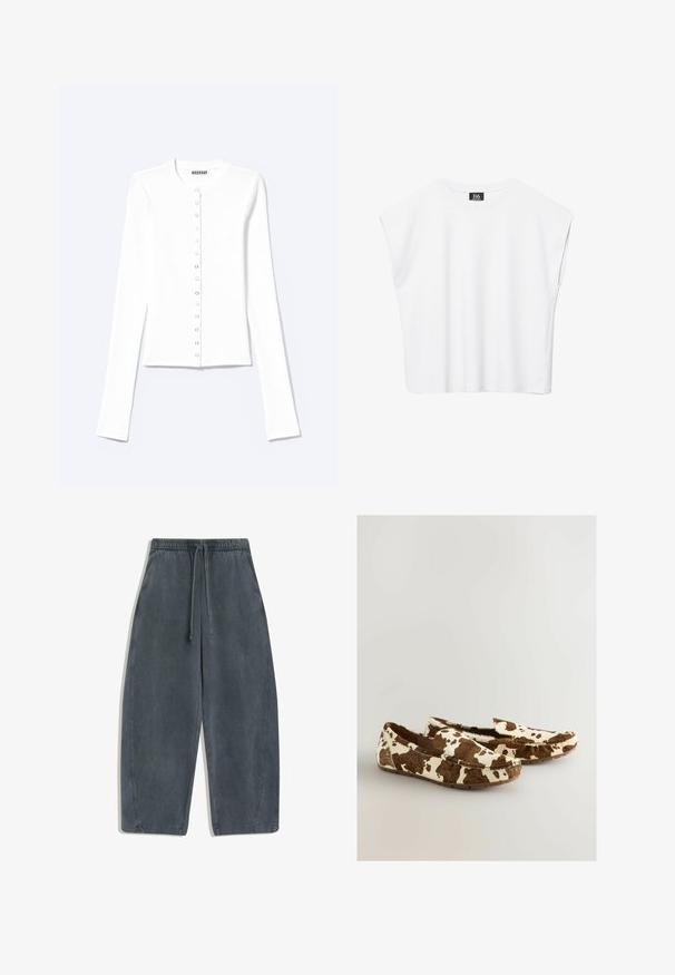 Cardigan blanc ajusté à manches longues avec encolure ronde et fermeture à pression sur le devant, étiqueté "Weekday".; Haut court blanc sans manches à encolure ronde avec épaules larges et étiquette noire "B6" à l'intérieur du col.; Pantalon décontracté gris foncé à jambes larges avec taille élastique et cordon devant, avec poches latérales et ourlets cousus.; Mocassins en imprimé vache faits d'un matériau doux avec un motif marron et blanc, dotés d'un design à enfiler et d'une semelle plate en caoutchouc.