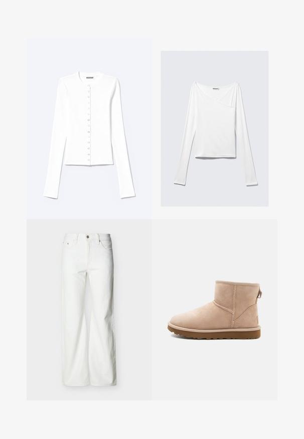 Witte getailleerde cardigan met lange mouwen, een ronde hals en sluiting aan de voorkant met drukknopen, gelabeld "Weekday".; Witte long-sleeve top met een crossover ontwerp en een zak. Gemaakt van een gladde, rekbare stof. Geknipt in een casual, relaxte pasvorm.; Witte jeans met rechte pijpen en hoge taille, voorzien van een knoopsluiting aan de voorkant, rits, en zij- en achterzakken, tegen een effen lichte achtergrond.; Beige suède enkellaars met een ronde neus, gestikte accenten en een gestructureerde bruine rubberen zool. Beschikt over een trekband aan de achterkant.