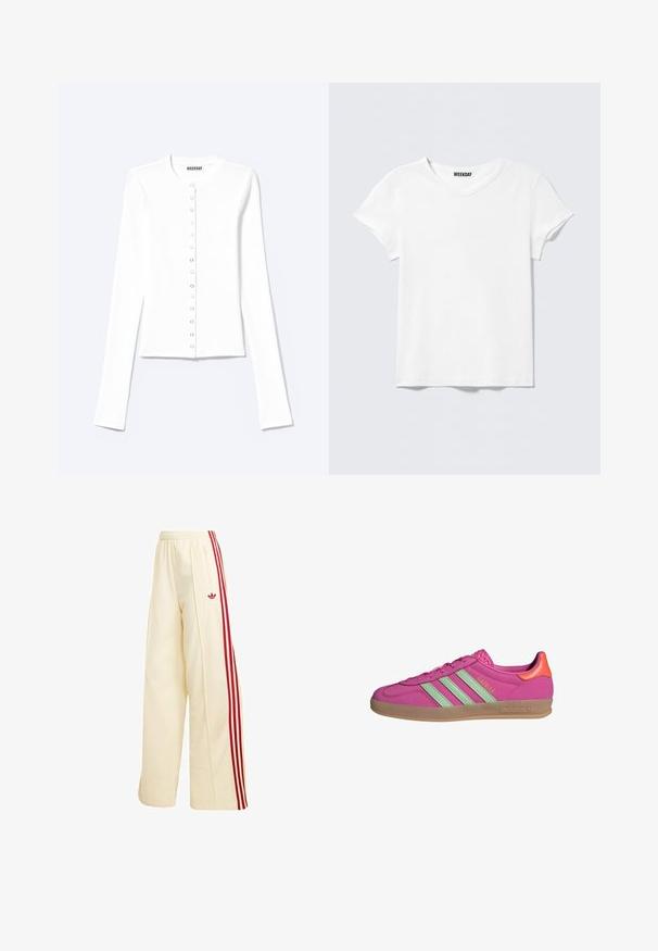 Cardigan blanco ajustado de manga larga con escote redondo y cierre frontal con botones a presión, etiquetado como "Weekday".; Camiseta blanca lisa de manga corta y cuello en V, con una pequeña etiqueta "WEEKDAY" en el interior del cuello, mostrada sobre un fondo gris claro.; Pantalones deportivos de pierna ancha en color crema con rayas rojas en los laterales, cintura elástica, bolsillo con cremallera y logo rojo de Adidas en el muslo.; Zapatillas Adidas Gazelle en rosa brillante con rayas verde claro, suela de goma y acento naranja en el talón. Material superior sintético suave.