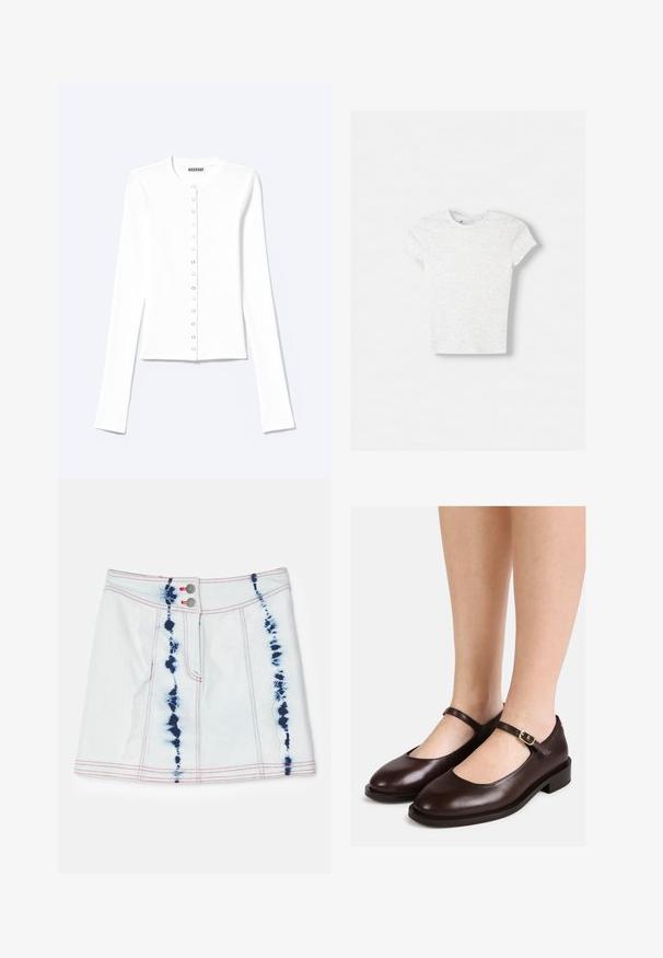 Cardigan blanc ajusté à manches longues avec encolure ronde et fermeture à pression sur le devant, étiqueté "Weekday".; T-shirt à manches courtes gris clair en tissu doux et texturé. Encolure classique et coupe régulière avec un design minimaliste.; Jupe en denim mini en bleu clair avec des motifs tie-dye en bleu foncé. Équipée de coutures rouges et de deux boutons à l'avant. Longueur courte avec une coupe ajustée.; Femme portant des chaussures Mary Jane en cuir marron foncé à petits talons et sangles à boucle réglable, debout sur un fond blanc.