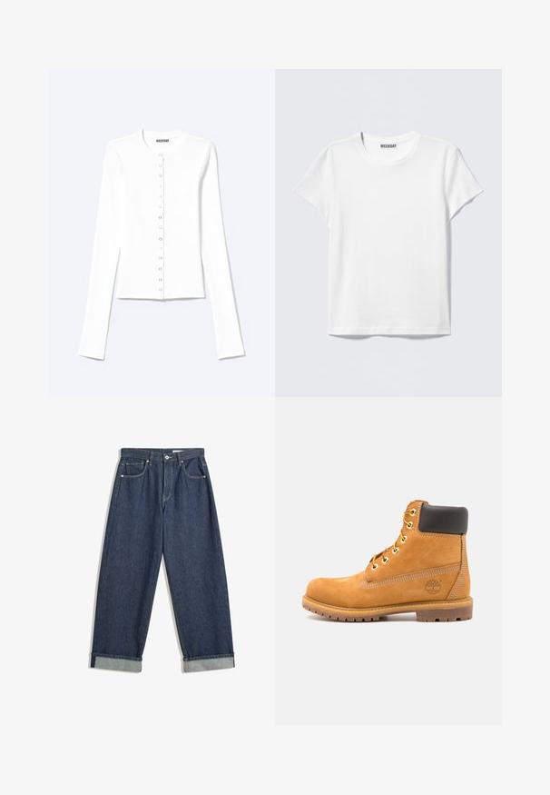Cardigan blanc ajusté à manches longues avec encolure ronde et fermeture à pression sur le devant, étiqueté "Weekday".; T-shirt blanc simple à manches courtes et col rond avec une étiquette "WEEKDAY" à l'intérieur du col, présenté sur un fond gris clair.; Jean en denim bleu foncé à jambes larges avec des ourlets repliés, bouton et fermeture éclair à l'avant, passants de ceinture et cinq poches.; Bottine en cuir marron avec rembourrage noir, œillets dorés et semelle texturée. Présente un logo circulaire sur le côté et des accents de couture.