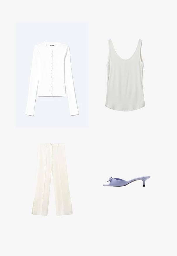 Cardigan blanc ajusté à manches longues avec encolure ronde et fermeture à pression sur le devant, étiqueté "Weekday".; Débardeur blanc à côtes avec un encolure dégagée et des bretelles fines. Fabriqué en tissu doux avec une texture lisse. Hem arrondi en bas.; Pantalon blanc taille haute à jambes larges avec un bouton à l'avant, des passants pour ceinture, et des coutures latérales s'étendant jusqu'à de petites fentes à l'ourlet.; Mule lavande à bout ouvert avec petit talon et nœud décoratif sur la partie supérieure, vue de profil sur fond blanc.