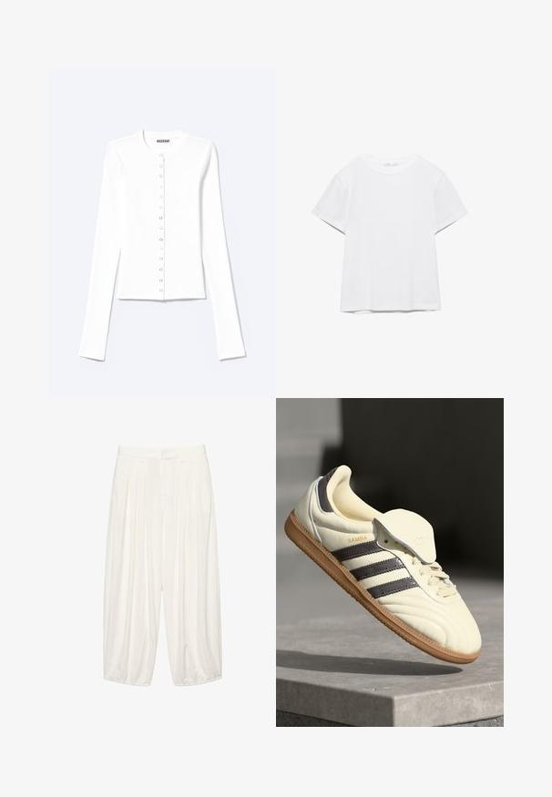 Cardigan blanc ajusté à manches longues avec encolure ronde et fermeture à pression sur le devant, étiqueté "Weekday".; T-shirt blanc uni à manches courtes et col rond, avec un ourlet droit, présenté sur un fond blanc.; Pantalon blanc à jambes larges et taille haute avec plis, passants pour ceinture et poignets élastiqués, présenté sur un fond blanc.; Baskets en cuir crème avec trois bandes sombres, une semelle extérieure en gomme marron et un bout arrondi. Présentent une languette pliable étiquetée "SAMBA."
