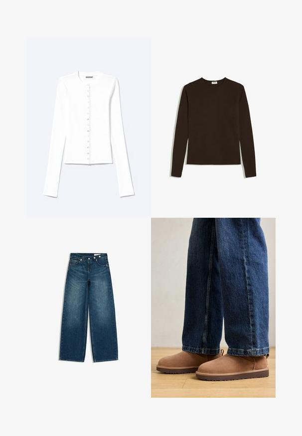 Hvid tætsiddende cardigan med lange ærmer, rund halsudskæring og lynlåslukning foran med trykknapper, mærket "Weekday".; Mørk brun langærmet t-shirt med rund hals, ensfarvet design, lagt fladt på hvid baggrund.; Blå jeans med høj talje og vide ben, med for- og baglommer og en skrå knapdetalje i linningen.; Brune ruskinds ankelstøvler med flad sål, rund tå og en lille træktab, parret med blå denimjeans med lige skæring.