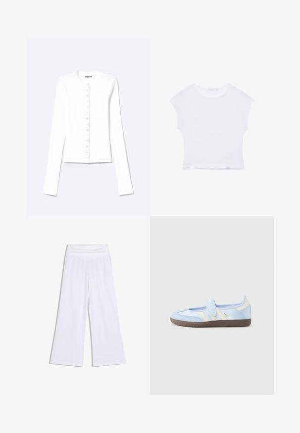 Witte getailleerde cardigan met lange mouwen, een ronde hals en sluiting aan de voorkant met drukknopen, gelabeld "Weekday".; Witte cropped T-shirt met korte mouwen en een ronde hals, gemaakt van gladde stof, plat neergelegd op een witte achtergrond.; Witte wijde broek met een hoge elastische tailleband, een ontspannen pasvorm en een gladde stof.; Lichtblauwe sneaker met klittenbandsluiting, crèmekleurige strepen aan de zijkanten, zachte stoffen bovenzijde, gestructureerde bruine rubberen zool.