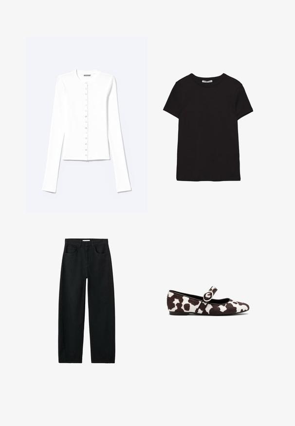 Weißer, taillierter Langarm-Cardigan mit rundem Ausschnitt und vorderem Druckknopfverschluss, mit der Aufschrift „Weekday“.; Schwarzes, kurzärmliges Baumwoll-T-Shirt mit rundem Halsausschnitt, Standardpassform und sichtbarem innerem Nackenetikett.; Schwarze, hoch taillierte Jeans mit geradem Bein, vorderen Taschen, Gürtelschlaufen und sichtbaren Nähten vor weißem Hintergrund.; Ballettflats aus weißen und braunen Kuhfell mit rundem Zehenbereich und einem Riemen mit einer runden Schnallendetail. Flache Sohle.