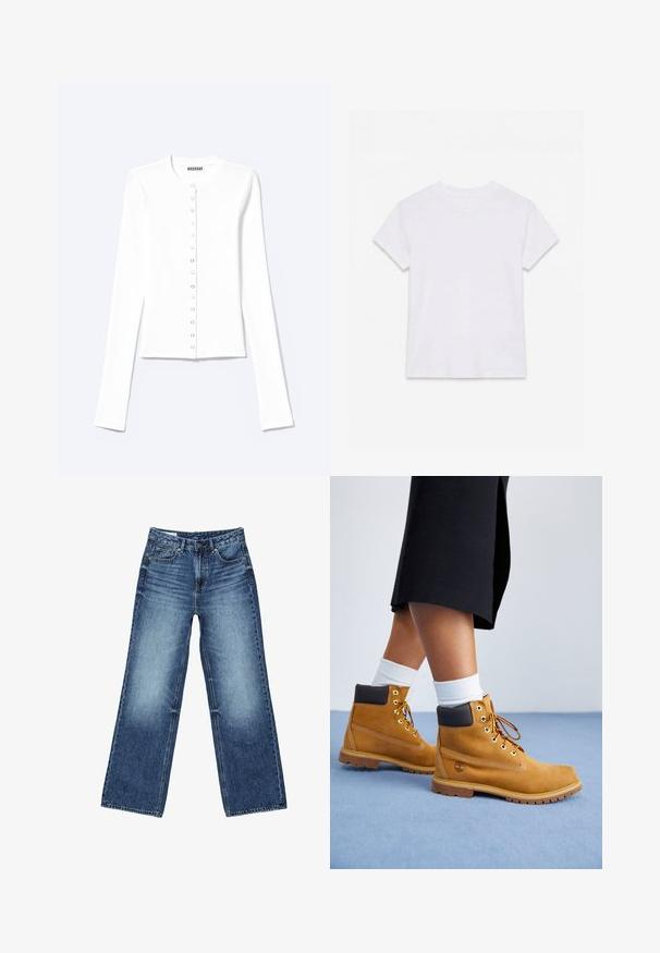 Cardigan blanc ajusté à manches longues avec encolure ronde et fermeture à pression sur le devant, étiqueté "Weekday".; T-shirt en coton blanc uni à manches courtes et col rond, étalé à plat sur un fond blanc.; Jean denim bleu à jambes larges avec poches avant et poche monnaie, fermeture à boutons, et lavage délavé sur les cuisses et les genoux.; Bottines en suede beige avec des accents en cuir marron, des œillets dorés et une semelle texturée. Chaussettes blanches visibles au-dessus des bottines.