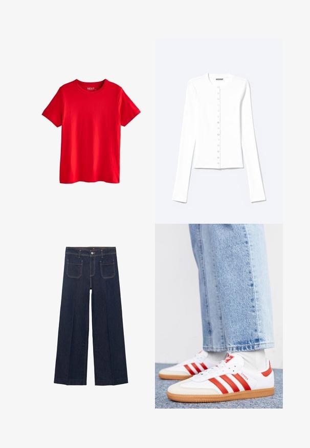 Weißer, taillierter Langarm-Cardigan mit rundem Ausschnitt und vorderem Druckknopfverschluss, mit der Aufschrift „Weekday“.; Helles rotes kurzärmeliges Baumwoll-T-Shirt mit Rundhalsausschnitt, flach liegend dargestellt ohne sichtbare Muster oder Logos, außer einem kleinen inneren Halslabel.; Weite dunkle Jeans mit geradem Schnitt, ausgestattet mit zwei Gesäßtaschen und kontrastierenden Nähten entlang der Säume.; Weiße Leder Sneaker mit roten Streifen und Akzenten. Verfügt über eine strukturierte Gummi-Laufsohle und einen gepolsterten Schaft. Tragen mit hellblauer Jeans.