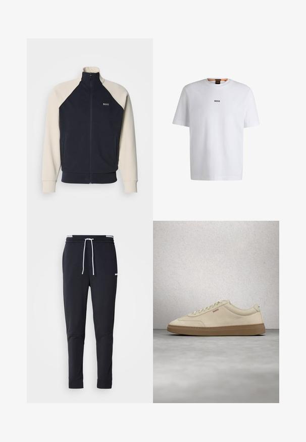 Marineblaue und cremefarbene Sweatjacke mit Reißverschluss, Stehkragen, Raglanärmeln, Fronttaschen und "BOSS"-Logo auf der Brust. Weiche Stoffstruktur.; Weißes Baumwoll-T-Shirt mit kurzen Ärmeln, ausgestattet mit einem schwarzen "BOSS"-Logo, das mittig auf der Brust platziert ist, und einem runden Halsausschnitt.; Schwarze Slim-Fit-Jogginghose mit weißem Kordelzug, elastischem Bund mit weißen Streifen und kleinem weißen Logo am oberen Oberschenkel.; Hellbeiger Wildledersneaker mit Gummisohle, auffälligen Schnürsenkeln und dezenten Nahtdetails. Sauberes Design mit minimalistischem Ästhetik.
