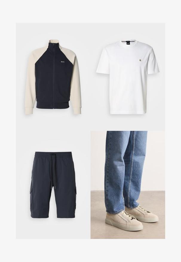 Marineblaue und cremefarbene Sweatjacke mit Reißverschluss, Stehkragen, Raglanärmeln, Fronttaschen und "BOSS"-Logo auf der Brust. Weiche Stoffstruktur.; Weißes Baumwoll-T-Shirt mit rundem Ausschnitt, kurzen Ärmeln und kleinem Logo auf der linken Brust. Glatte Textur, klassischer Schnitt.; Marinefarbene Cargo-Shorts mit elastischem Bund, Kordelzug vorne, Seitentaschen und glatter Textur. Strapazierfähiger Stoff, der sich gut für die Freizeitkleidung eignet.; BOSS GARYTENN_SDHDEL - Sneaker low - natural ten