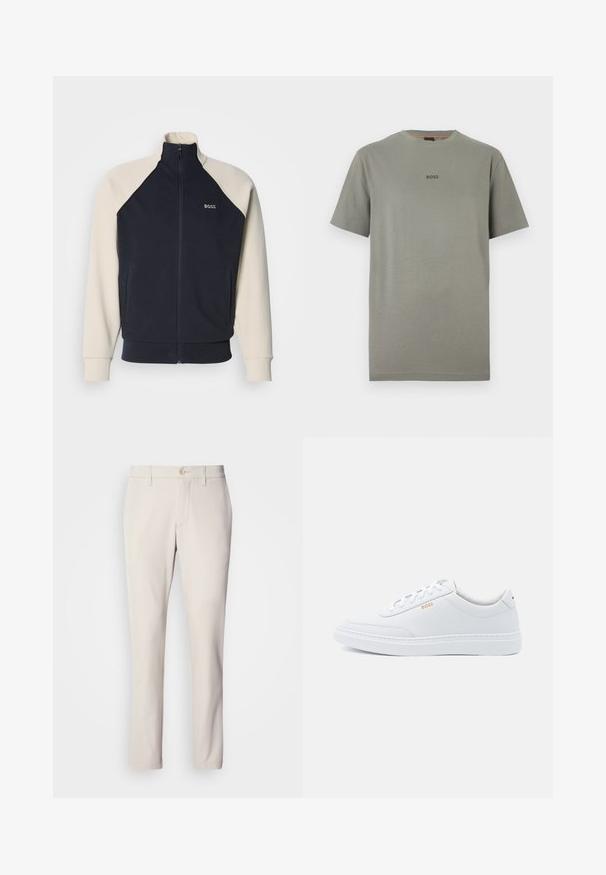 Sudadera con cremallera azul marino y crema con cuello alzado, mangas raglán, bolsillos delanteros y logo "BOSS" en el pecho. Textura de tela suave.; Camiseta de algodón gris con mangas cortas y cuello redondo. Presenta un logo sutil de "BOSS" en un tono más oscuro en el pecho.; Pantalones beige de corte ajustado, con cierre de botón en la parte delantera, diseño de frente plano y corte recto, confeccionados en una suave mezcla de algodón.; Zapatillas de cuero blanco con textura suave, puntera redondeada y costuras tonales. Cuentan con cordones azules y un logo dorado en el lateral.