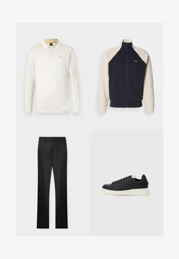 Marineblaue und cremefarbene Sweatjacke mit Reißverschluss, Stehkragen, Raglanärmeln, Fronttaschen und "BOSS"-Logo auf der Brust. Weiche Stoffstruktur.; Langärmliges Poloshirt in hellem Creme, aus weichem Baumwollmaterial. Verfügt über einen weißen Kragen, eine Zwei-Knopf-Leiste und ein dezentes Markenlogo auf der Brust.; Schwarze maßgeschneiderte formelle Hose mit Gürtelschlaufen, vorderer Bügelfalte und verdecktem Reißverschluss, flach auf weißem Hintergrund dargestellt.; Schwarze texturierte Sneaker mit runden Zehen, sechs Schnürlöchern und weißen Gummisohlen mit horizontalen Rillen. Minimalistisches Design, keine sichtbaren Logos.