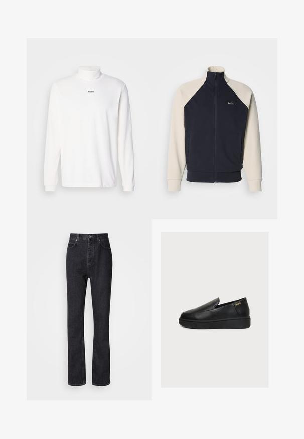 Marineblå og cremefarvet sweatshirttop med lynlås, stående krave, raglanærmer, forlommer og "BOSS"-logo på brystet. Blød stoftekstur.; Hvid langærmet turtleneck trøje lavet af blødt stof, med et diskret sort "HUGO" logo på forsiden og tætsiddende manchetter.; Høj talje sorte denim jeans med knap- og lynlåsåbning, for- og baglommer samt lige ben.; Sort læder slip-on platform sko med tyk sål og lille gyldent "HUGO" logo nær hælen på en ensfarvet lys baggrund.