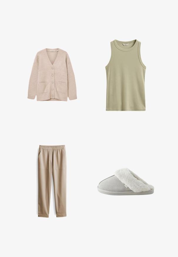 Beige vest gemaakt van zacht, pluizig materiaal. Heeft een V-hals, zes decoratieve knopen, twee frontzakken en een losse pasvorm.; Beige geribde mouwloze tanktop met ronde halslijn en zichtbaar Gant-label aan de binnenkant van de kraag.; Beige elastische broeken met een tailleband, twee voorzakken, taps toelopende pijpen en een gladde textuur, geschikt voor casual kleding.; Lichtgrijze instappantoffel met zachte witte nepbonten voering en zool met label "NEXT,", gezien vanaf de zijkant tegen een witte achtergrond.