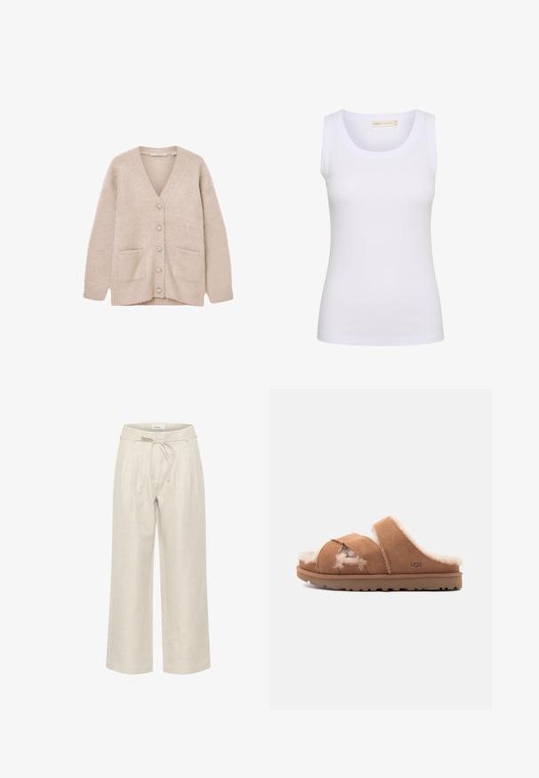 Beige cardigan lavet af blødt, fluffy materiale. Har V-udskæring, seks dekorative knapper, to forlommer og en afslappet pasform.; Hvid ribstrikket ærmeløs tanktop med rund halsudskæring, lille mærkat med mærke inden i kraven og tætsiddende pasform.; Beige linned brede bukser med elastisk talje og frontfolder, i en glat tekstur og ankellængde.; Brun ruskinds-sandalslide med blødt hvidt shearling-for og åben tå, med en flad gummisål og UGG-logo på siden.