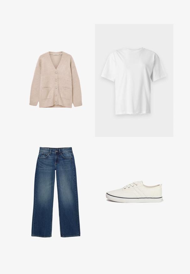 Cardigan beige en matériau doux et duveteux. Il présente un col en V, six boutons décoratifs, deux poches avant, et une coupe décontractée.; T-shirt blanc uni à manches courtes et col rond, présenté à plat sur un fond gris clair.; Jean en denim bleu à jambes larges avec une finition délavée, doté de cinq poches, d'une fermeture frontale par bouton et de détails de coutures visibles.; Baskets en toile blanches au design bas, à bout rond, avec six œillets, une bande de couleur marine et une semelle en caoutchouc texturée.