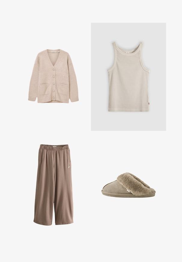 Cardigan beige en matériau doux et duveteux. Il présente un col en V, six boutons décoratifs, deux poches avant, et une coupe décontractée.; Débardeur beige côtelé sans manches avec encolure ronde et coupe ajustée, présenté sur un fond gris.; Pantalon de survêtement court à jambes larges couleur taupe, taille élastique, poches latérales, avec petit logo blanc "self." sur la cuisse gauche.; Chausson beige à enfiler avec une doublure douce et pelucheuse en fourrure autour de l'ouverture et une semelle extérieure effet daim.