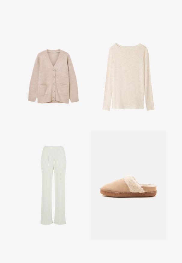 Beige cardigan lavet af blødt, fluffy materiale. Har V-udskæring, seks dekorative knapper, to forlommer og en afslappet pasform.; Langærmet, lysebeige striktop med bådudskæring og subtil meleret tekstur.; Cremefarvede ribstrikkede bukser med flared design. Har en bred elastisk talje og lodrette striber for ekstra tekstur.; Beige slip-on tøfler med blød, fluffy hvid foring og brun gummisål vist fra siden på en ensfarvet baggrund.
