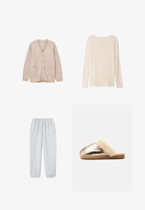 Beige cardigan lavet af blødt, fluffy materiale. Har V-udskæring, seks dekorative knapper, to forlommer og en afslappet pasform.; Langærmet, lysebeige striktop med bådudskæring og subtil meleret tekstur.; Grå sweatpants lavet af blødt stof, med en elastisk talje med snor og elastiske manchetter ved anklerne.; Metallisk gylden slip-on tøffel med tan sål og blødt cremefarvet pelsforet kant omkring åbningen, vist fra siden på en hvid baggrund.