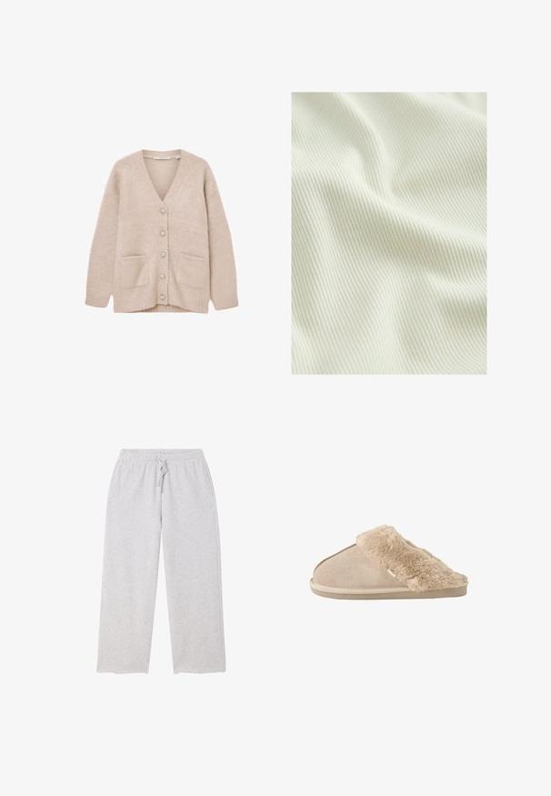 Beige vest gemaakt van zacht, pluizig materiaal. Heeft een V-hals, zes decoratieve knopen, twee frontzakken en een losse pasvorm.; Licht crèmekleurige geribbelde stof met een zachte textuur en gelijkmatig verdeelde horizontale lijnen, met subtiele variaties in weefsel en dikte.; Lichtgrijze joggingbroek met wijde pijpen, elastische tailleband en trekkoord, en zakken aan beide zijden.; Beige instappantoffel met zachte suède buitenkant en een zachte, pluizige voering en boord, ontworpen voor binnencomfort.