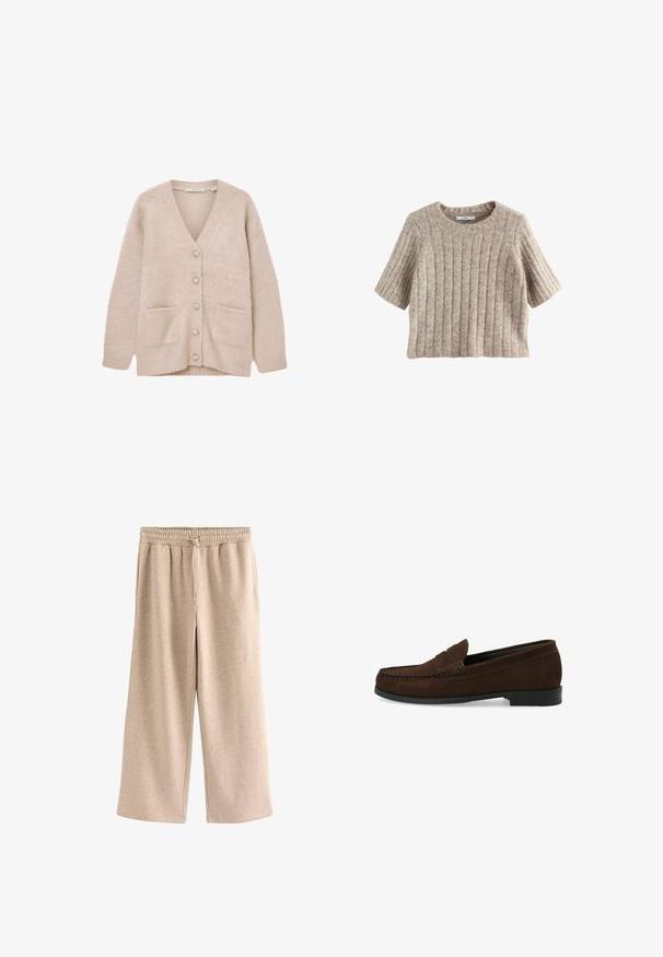 Beige cardigan lavet af blødt, fluffy materiale. Har V-udskæring, seks dekorative knapper, to forlommer og en afslappet pasform.; Kortærmet, ribbet sweater i lys beige med en rund halsudskæring og blød tekstur, lavet af et hyggeligt strikmateriale.; Beige bukser med vide ben, elastisk talje og snørre, lavet af et blødt, plettet stof.; Brune ruskinds loafers med en syet mokkasintå, flad sort gummisål og en dekorativ toprem og detalje.