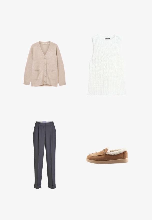 Beige cardigan lavet af blødt, fluffy materiale. Har V-udskæring, seks dekorative knapper, to forlommer og en afslappet pasform.; Hvid strikket ærmeløs sweatervest med rund halsudskæring og tekstureret ribmønster.; Mørkegrå skræddersyede bukser med lige ben, plisseret for og opsmøgte manchetter. Lavet af glat stof med en klassisk talje.; Brune ruskinds mokkasin-sok med cremefarvet faux fur-foring og detaljer i guldtonet metal, beige sål, set fra siden.