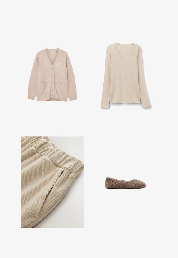 Beige cardigan lavet af blødt, fluffy materiale. Har V-udskæring, seks dekorative knapper, to forlommer og en afslappet pasform.; Langærmet V-hals top i lys beige stof med en blød tekstur. Afslappet pasform med lige kant og minimalistisk design.; Beige ribbede stof joggers med en strammet talje og sidelommer, der viser en blød tekstur og et afslappet design.; Brun, fleece-fodret ballet flats med rund tå. Blød tekstur og sømløst design, der har en lav profil. Ingen synlige detaljer.
