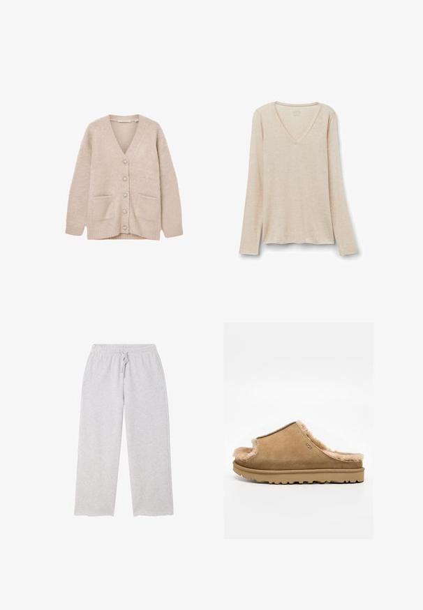 Beige cardigan lavet af blødt, fluffy materiale. Har V-udskæring, seks dekorative knapper, to forlommer og en afslappet pasform.; Langærmet V-hals top i lys beige stof med en blød tekstur. Afslappet pasform med lige kant og minimalistisk design.; Lysegrå brede joggingbukser med elastik i taljen og snøre, samt lommer på begge sider.; Beige ruskind slip-on sutsko med blødt fleecefor og gummisål, med et side-UGG-logo på en ens hvid baggrund.