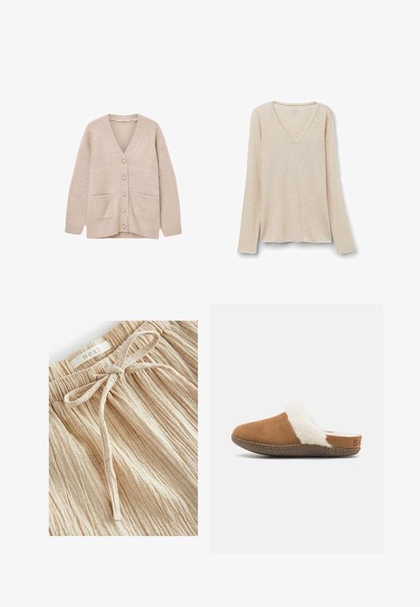 Beige cardigan lavet af blødt, fluffy materiale. Har V-udskæring, seks dekorative knapper, to forlommer og en afslappet pasform.; Langærmet V-hals top i lys beige stof med en blød tekstur. Afslappet pasform med lige kant og minimalistisk design.; Beige teksturerede shorts med en samlet talje og en frontbinding, lavet af let stof med fine, lodrette linjer.; Brune ruskindssutsko med en hvid fluffy foring og en tekstureret sål. Har en syet kant og en lille brandingdetalje på hælen.