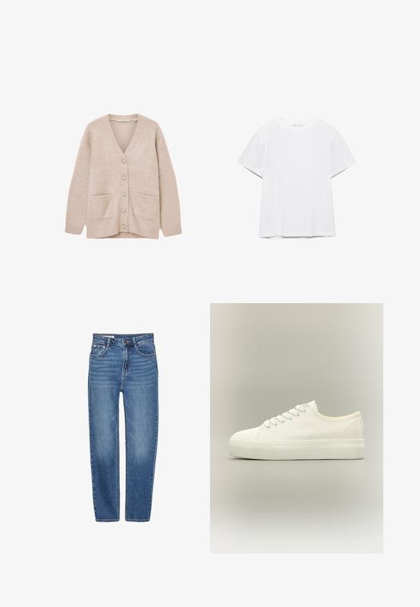 Beige cardigan lavet af blødt, fluffy materiale. Har V-udskæring, seks dekorative knapper, to forlommer og en afslappet pasform.; Hvid, kortærmet T-shirt med rund hals og lige kant, vist på en hvid baggrund.; Blå denim jeans med lige ben design, fem-lomme stil og høj talje. Har let falmede områder og kontrasterende syning.; Hvid lavtop lærreds-sneaker med snørelukning foran og tyk, tekstureret gummisål på en neutral baggrund.