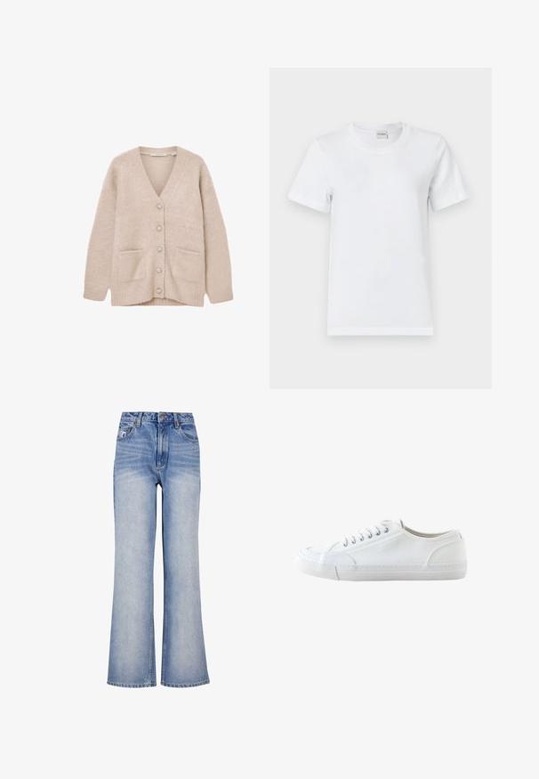 Beige cardigan lavet af blødt, fluffy materiale. Har V-udskæring, seks dekorative knapper, to forlommer og en afslappet pasform.; Hvid bomulds T-shirt med rund halsudskæring, korte ærmer, lige kant og en glat tekstur. Ingen mønstre eller yderligere hardware.; Lys blå denim bred-benede jeans har høj talje, knaplukning, diskret slidmærker og et klassisk fem-lomme design.; Hvid lavtop lærredsneaker med hvide snørebånd og gummisål, vist fra siden på en hvid baggrund.