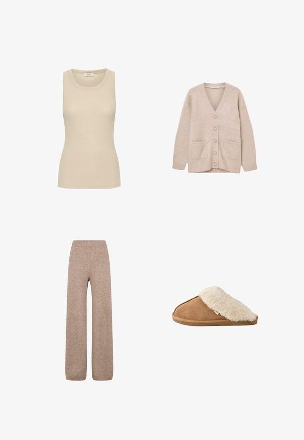 Beige cardigan lavet af blødt, fluffy materiale. Har V-udskæring, seks dekorative knapper, to forlommer og en afslappet pasform.; Beige tanktop lavet af ribbet stof med rund halsudskæring og uden ærmer. Glat tekstur og skræddersyet pasform.; Strikkede bukser med vidde i en lys brune nuance med en ribbet talje og ribkant. Bukserne har et blødt, tekstureret stof. Ingen synlige lommer.; Brun slip-on tøffel med blød beige imiteret pelsforing og sål, vist fra siden på hvid baggrund.