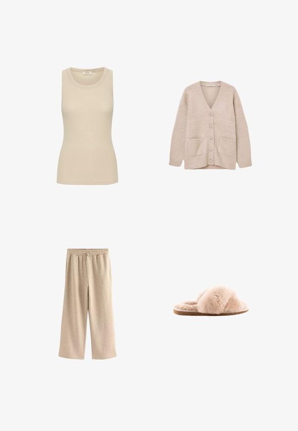 Beige cardigan lavet af blødt, fluffy materiale. Har V-udskæring, seks dekorative knapper, to forlommer og en afslappet pasform.; Beige tanktop lavet af ribbet stof med rund halsudskæring og uden ærmer. Glat tekstur og skræddersyet pasform.; Cremefarvede breddebenede bukser lavet af blødt bomuldsblandingsstof. Har en elastisk talje med snor og en subtil plettet tekstur.; Blød beige åben-tå tøfler med bløde krydsremme og flad brun sål, isoleret på hvid baggrund.