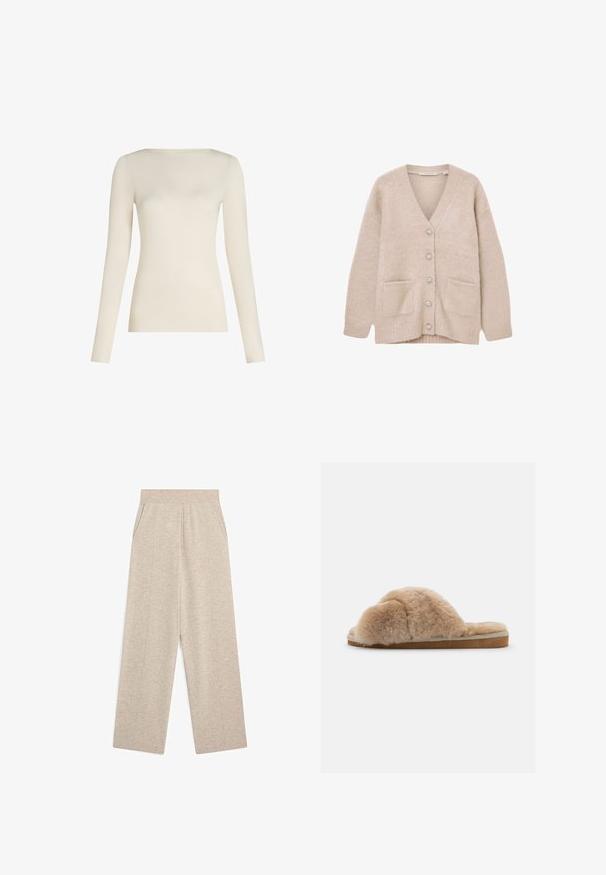 Cardigan beige en matériau doux et duveteux. Il présente un col en V, six boutons décoratifs, deux poches avant, et une coupe décontractée.; Haut à manches longues en blanc cassé, fabriqué en tissu doux, avec un col rond et une silhouette ajustée. Texture lisse sans motifs ni accents.; Pantalon large en maille beige avec taille élastique et poches latérales, présentant des détails de couture verticale sur le devant de chaque jambe.; Chausson en peluche beige avec une texture douce, à dos ouvert et doublure intérieure. Semelle plate avec une base marron clair et des coutures beiges.
