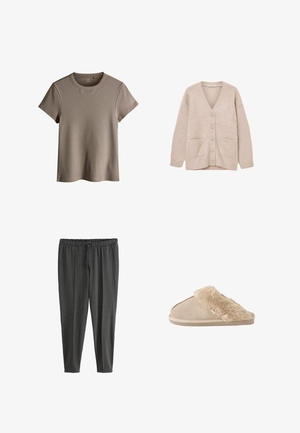 Pehmeästä, pörröisestä materiaalista valmistettu beige neuletakki. Siinä on V-aukko, kuusi koristeellista nappia, kaksi etutaskua ja rento istuvuus.; Vaaleanruskea ribattu lyhythihainen T-paita pyöreällä pääntiellä, jossa on rento istuvuus ja pehmeä tekstuuri.; Tummanharmaat, joustavat collegehousut, jotka on valmistettu pehmeästä kankaasta; niissä on joustava vyötärö nyöreillä ja kapeutetut lahkeet.; Beigen värinen liukusisätossu, jossa pehmeä nahkapintainen ulkopinta ja pehmeä, pörröinen vuori ja kalvosin, suunniteltu sisätilojen mukavuutta varten.