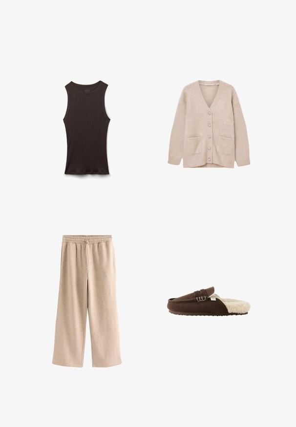 Beige cardigan lavet af blødt, fluffy materiale. Har V-udskæring, seks dekorative knapper, to forlommer og en afslappet pasform.; Ærmeløs sort ribstrikket tanktop med rund halsudskæring, vist liggende fladt på en hvid baggrund.; Beige bukser med vide ben, elastisk talje og snørre, lavet af et blødt, plettet stof.; Brun slip-on mule-tøffel med blødt hvidt pelsfoer, en spænde detalje og en tekstureret sål til indendørs brug.