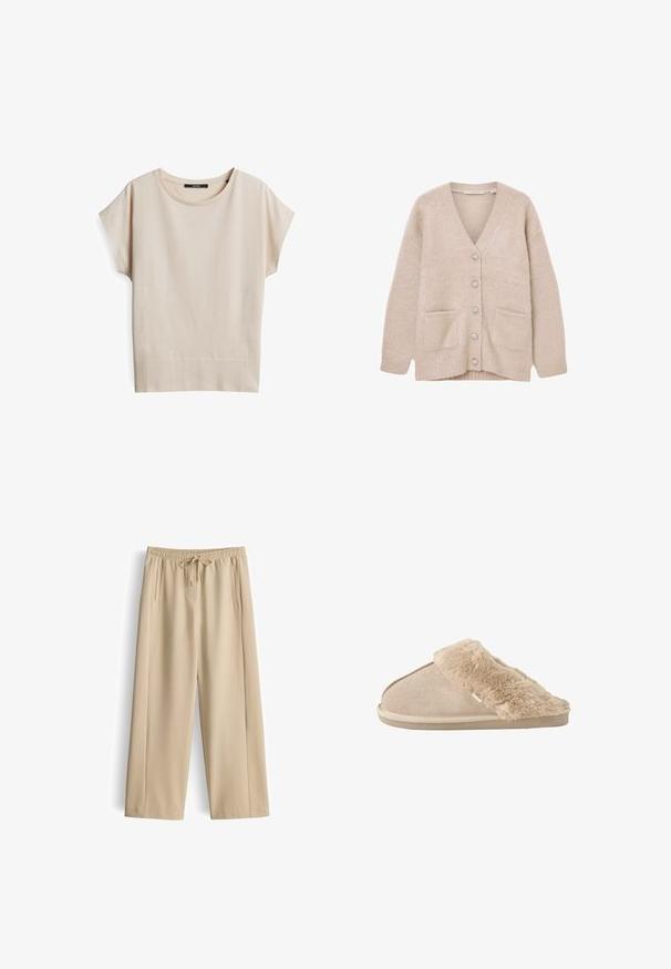 Beiger Strickcardigan aus weichem, flauschigem Material. Mit V-Ausschnitt, sechs dekorativen Knöpfen, zwei Fronttaschen und lockerem Sitz.; Beige T-Shirt mit kurzen Ärmeln aus weichem, strukturiertem Stoff. Verfügt über einen runden Ausschnitt und einen gerippten Saum, mit einer lässigen Passform.; Hellbeige Hosen mit weitem Bein, elastischem Bund und Kordelzug. Verfügen über zwei Vordertaschen und eine glatte Textur.; Beiger Schlupfhausschuh mit weichem Wildleder außen und einem flauschigen, weichen Innenfutter und Bündchen, entwickelt für Komfort im Innenbereich.