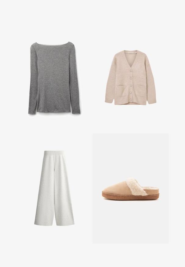 Beige cardigan lavet af blødt, fluffy materiale. Har V-udskæring, seks dekorative knapper, to forlommer og en afslappet pasform.; Grå tætsiddende top med lange ærmer og bred bådudskæring, lavet af blødt, let strikstof.; Lysegrå vidbenede strikkede bukser med ribbet elastisk taljebånd og detaljer på sidepanel, vist på hvid baggrund.; Beige slip-on tøfler med blød, fluffy hvid foring og brun gummisål vist fra siden på en ensfarvet baggrund.