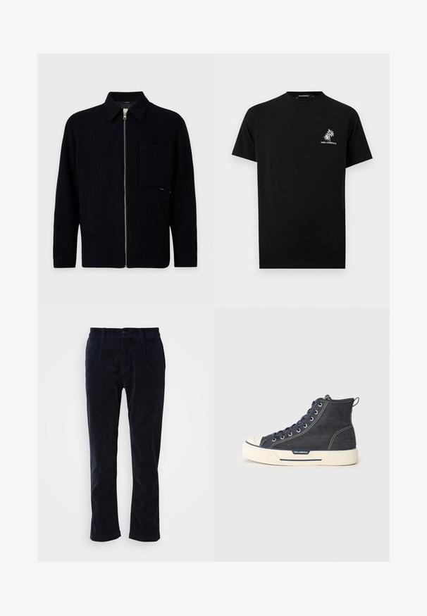 Sort ribstrikket lynlåstrøje med krave, lange ærmer og stor brystlomme på ensfarvet baggrund.; Sort kortærmet t-shirt med lille hvid palmegrafik og "KARL LAGERFELD" tekst på venstre bryst.; Mørkeblå kordfløjl bukser med glat front, to forlommer og en enkelt knaplukning. Blød tekstur, let taperede ben.; Høje sneakers lavet af mørk denim med en cremegul gummisål, med marineblå snørebånd og en bageste trækflap. Logo på siden.